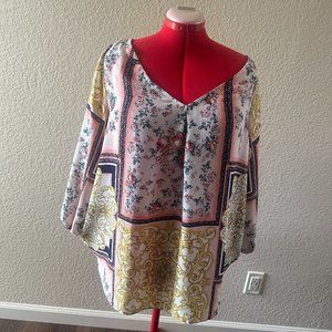 Westport Lightweight Spring Blouse Yellow/Pink/Navy Floral Size 3X